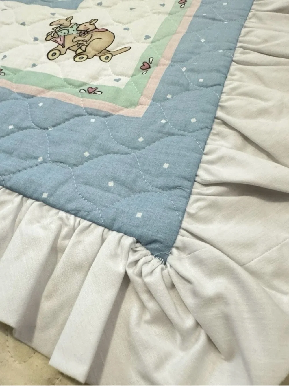 Vintage Handmade Noah’s Ark Baby Quilt, Nursery Ruffle Edge Blanket 48” x 38”